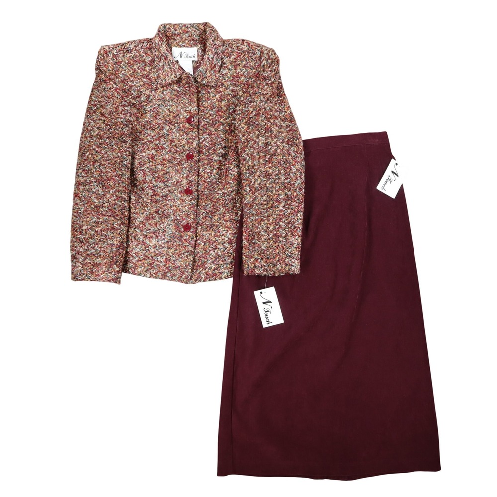 N Touch Womens Size 10 2pc Skirt Suit Set Berry Chenille Jacket & Midi Skirt NEW